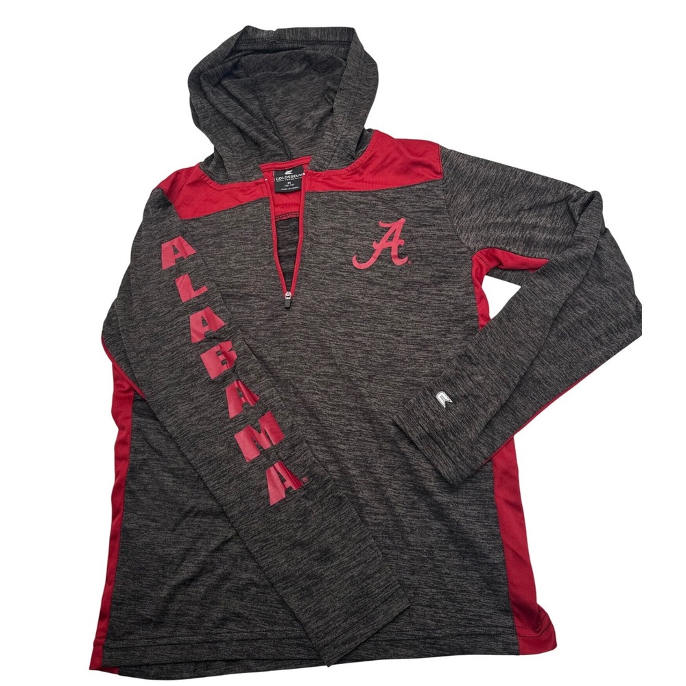 Colosseum Alabama Crimson Tide Youth M 12-14 Gray Red 1/4 Zip Hooded Pullover